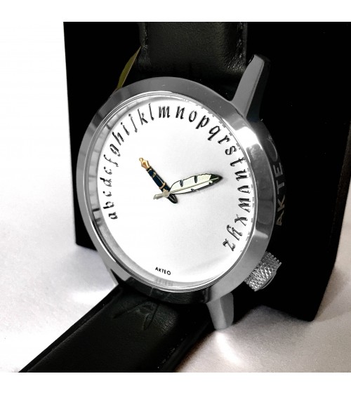 Montre AKTEO Ecrivain 42 blanc, bracelet cuir noir