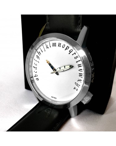 Montre AKTEO Ecrivain 42 blanc, bracelet cuir noir