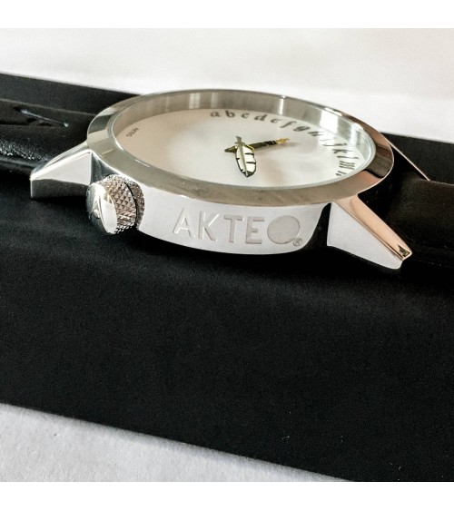 Montre AKTEO Ecrivain 42 blanc, bracelet cuir noir