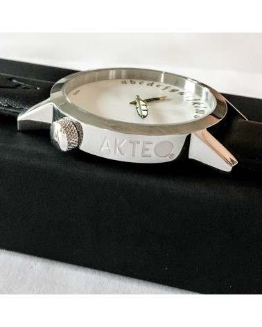 Montre AKTEO Ecrivain 42 blanc, bracelet cuir noir