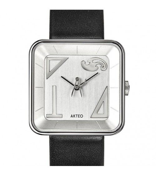 Montre Akteo Architecte Square 35, Acier inox satiné-Acier inox poli, bracelet cuir noir