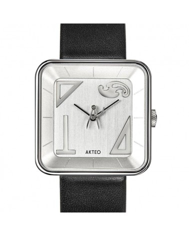 Montre Akteo Architecte Square 35, Acier inox satiné-Acier inox poli, bracelet cuir noir