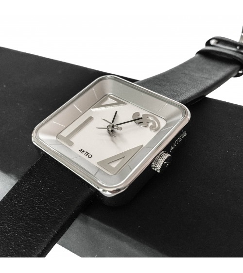 Montre Akteo Architecte Square 35, Acier inox satiné-Acier inox poli, bracelet cuir noir