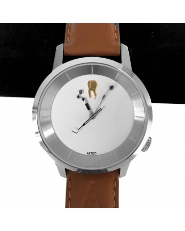 Montre AKTEO Dentiste 38 Blanc-Acier inox, bracelet cognac