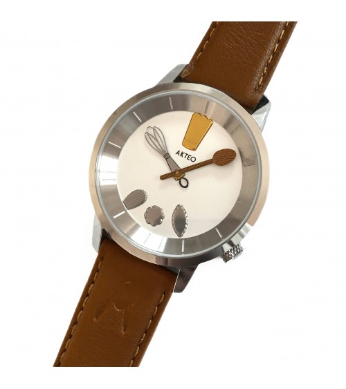 Montre AKTEO Chef 38 Blanc-Acier Inox, bracelet cuir cognac