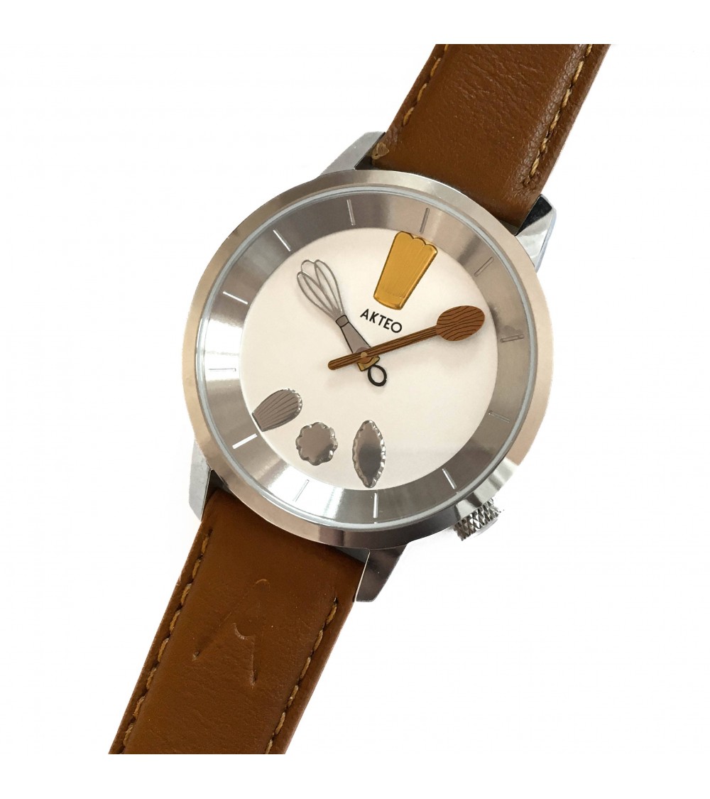 Montre AKTEO Chef 38 Blanc-Acier Inox, bracelet cuir cognac
