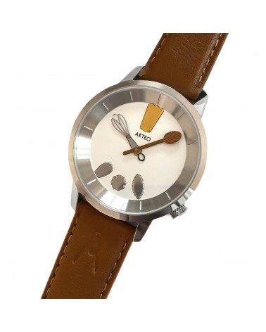 Montre AKTEO Chef 38 Blanc-Acier Inox, bracelet cuir cognac