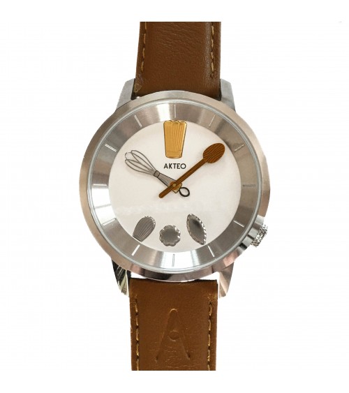 Montre AKTEO Chef 38 Blanc-Acier Inox, bracelet cuir cognac