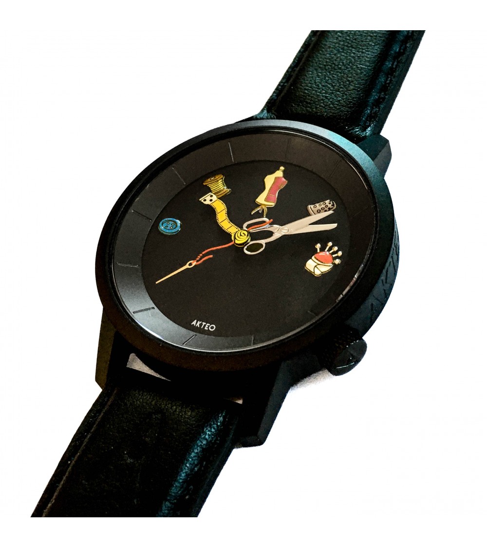 Montre AKTEO Couture 38 Noir-Noir, bracelet cuir noir