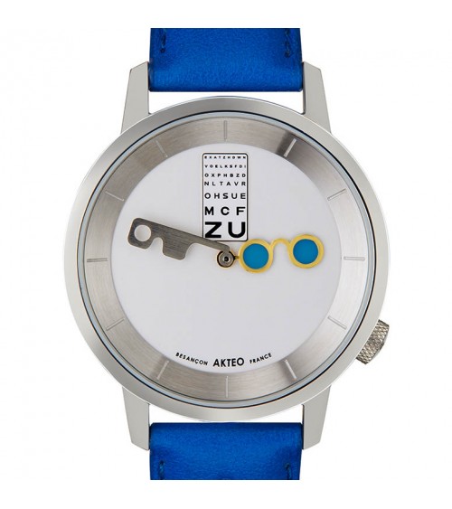 Montre AKTEO Opticien 38 Blanc-Acier inox, bracelet bleu roi