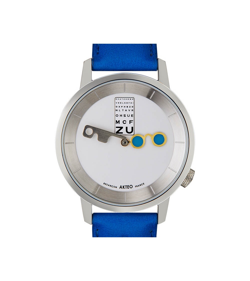 Montre AKTEO Opticien 38 Blanc-Acier inox, bracelet bleu roi