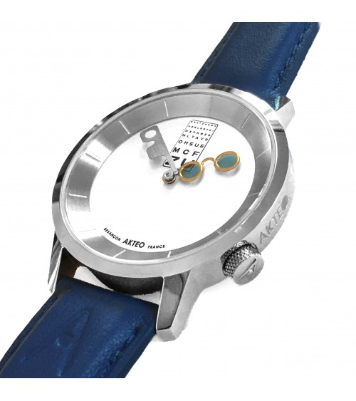 Montre AKTEO Opticien 38 Blanc-Acier inox, bracelet bleu roi
