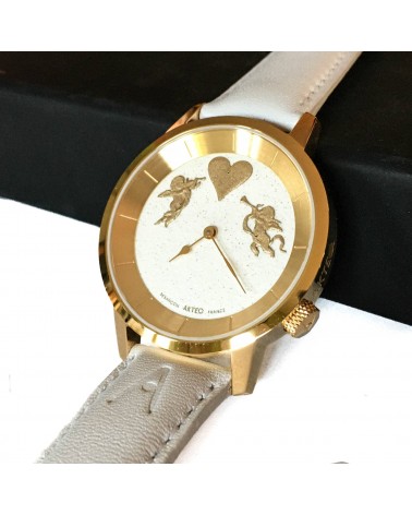 Montre AKTEO Amour 38 Blanc doré, bracelet cuir blanc