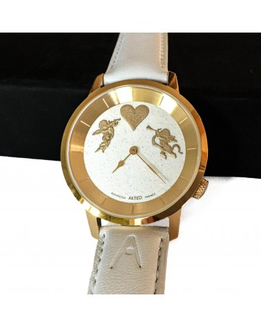 Montre AKTEO Amour 38 Blanc doré, bracelet cuir blanc