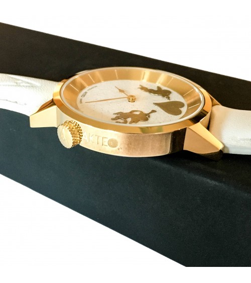 Montre AKTEO Amour 38 Blanc doré, bracelet cuir blanc