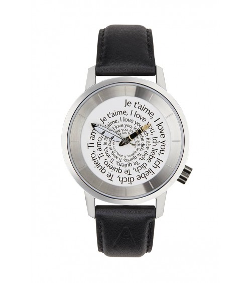 Montre AKTEO Je t’aime 38 Blanc-Acier inox, bracelet cuir noir