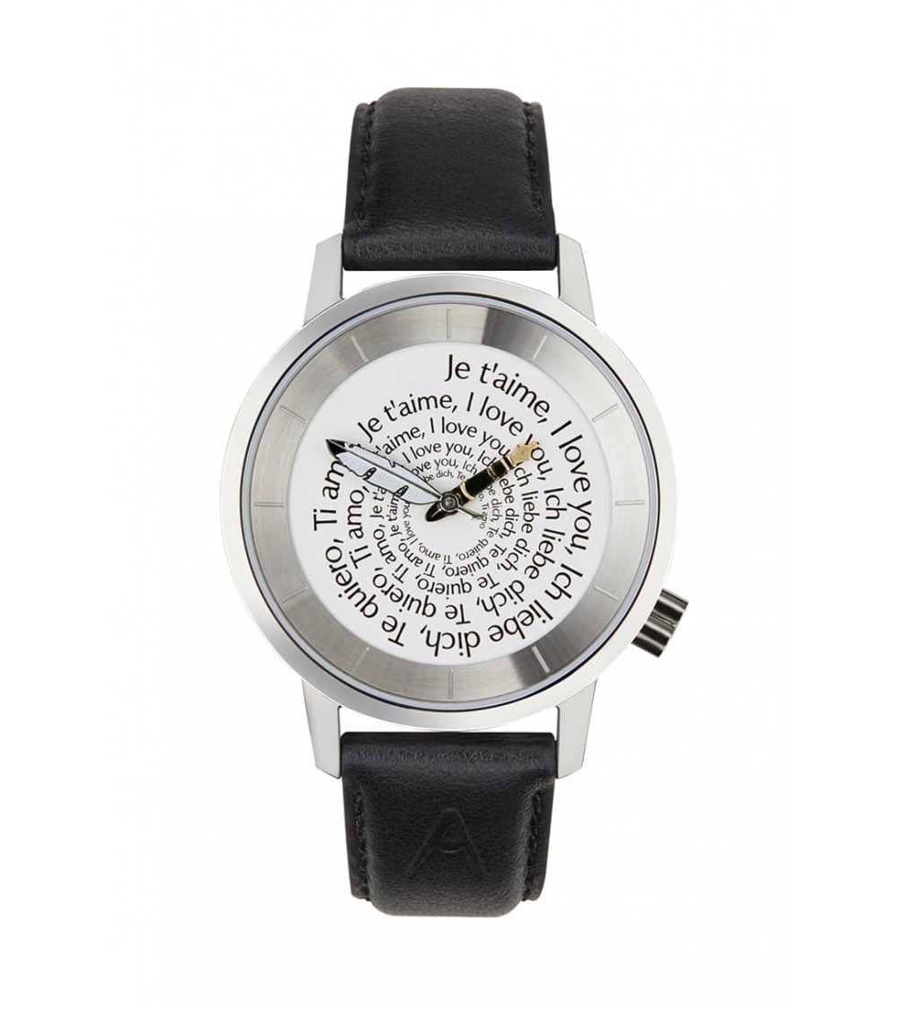 Montre AKTEO Je t’aime 38 Blanc-Acier inox, bracelet cuir noir