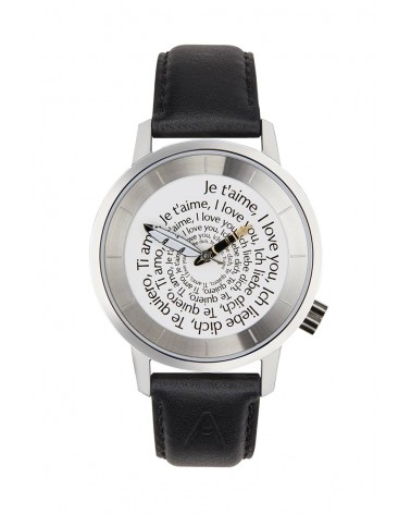 Montre AKTEO Je t’aime 38 Blanc-Acier inox, bracelet cuir noir
