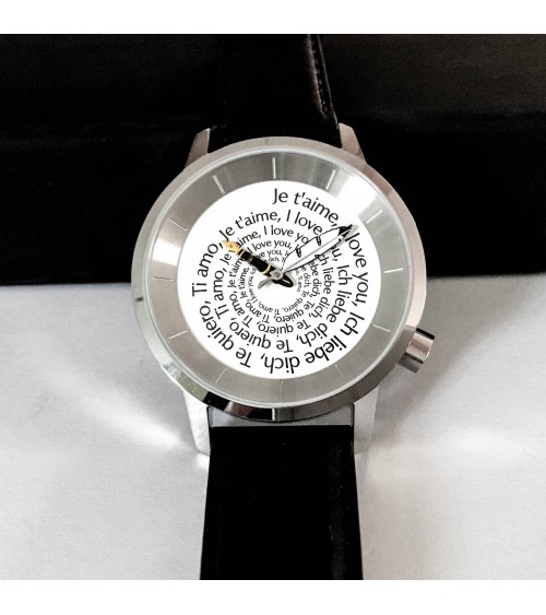 Montre AKTEO Je t’aime 38 Blanc-Acier inox, bracelet cuir noir