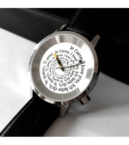 Montre AKTEO Je t’aime 38 Blanc-Acier inox, bracelet cuir noir