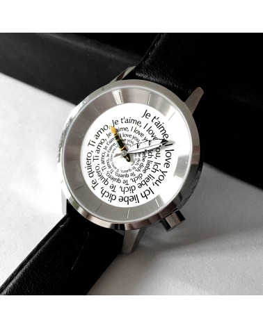 Montre AKTEO Je t’aime 38 Blanc-Acier inox, bracelet cuir noir