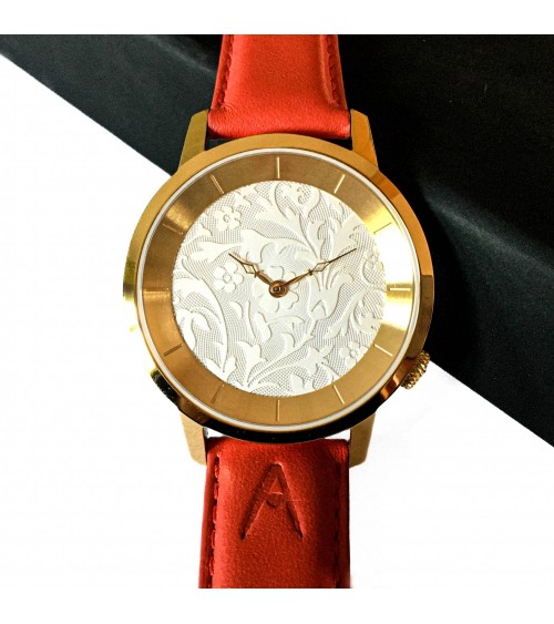 Montre AKTEO Novecento 38 Blanc doré, bracelet cuir rouge