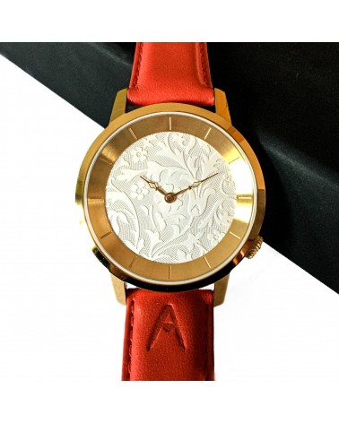 Montre AKTEO Novecento 38 Blanc doré, bracelet cuir rouge