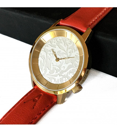 Montre AKTEO Novecento 38 Blanc doré, bracelet cuir rouge