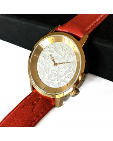 Montre AKTEO Novecento 38 Blanc doré, bracelet cuir rouge