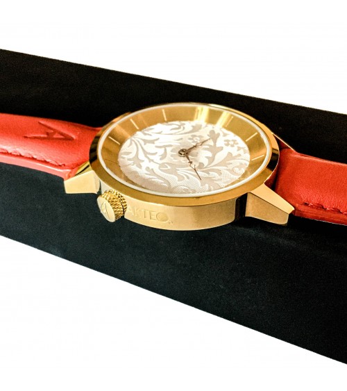 Montre AKTEO Novecento 38 Blanc doré, bracelet cuir rouge