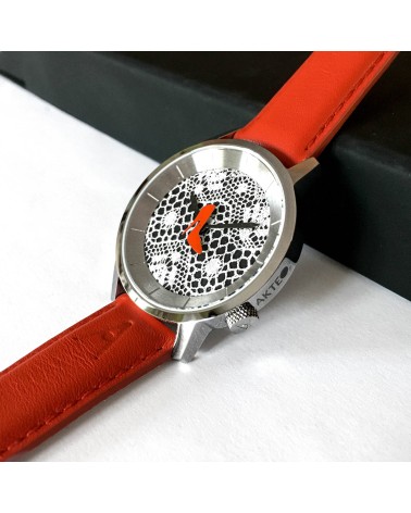 Montre AKTEO Talon aiguille 38 Noir dentelle-Acier inox, bracelet cuir rouge