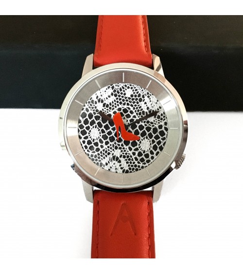 Montre AKTEO Talon aiguille 38 Noir dentelle-Acier inox, bracelet cuir rouge