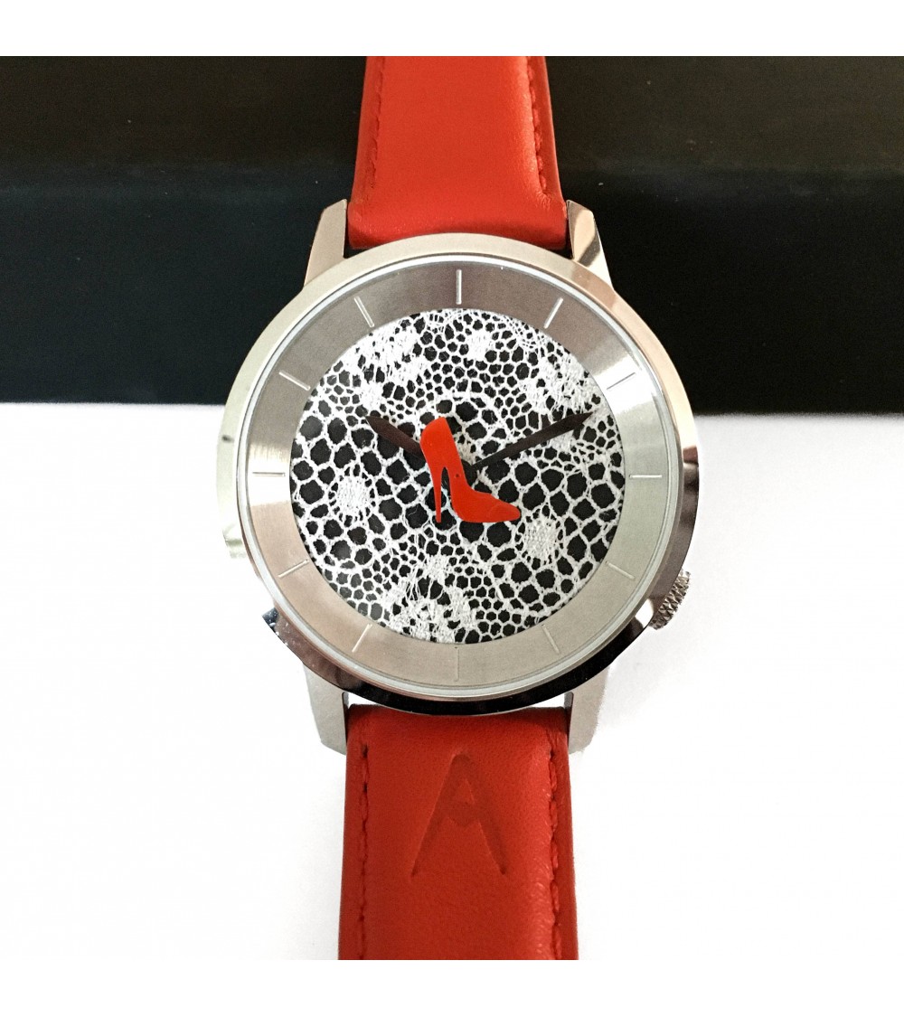 Montre AKTEO Talon aiguille 38 Noir dentelle-Acier inox, bracelet cuir rouge