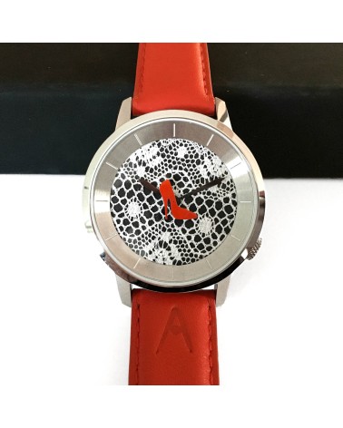 Montre AKTEO Talon aiguille 38 Noir dentelle-Acier inox, bracelet cuir rouge