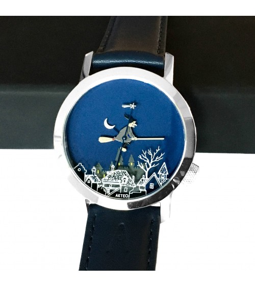 Montre AKTEO Sorcière 42 Bleu nuit-Acier inox, bracelet cuir bleu foncé