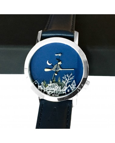 Montre AKTEO Sorcière 42 Bleu nuit-Acier inox, bracelet cuir bleu foncé