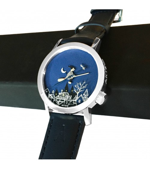 Montre AKTEO Sorcière 42 Bleu nuit-Acier inox, bracelet cuir bleu foncé