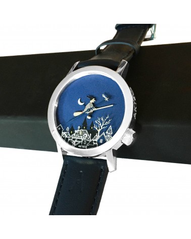 Montre AKTEO Sorcière 42 Bleu nuit-Acier inox, bracelet cuir bleu foncé