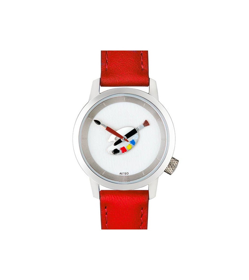 Montre AKTEO Peinture palette 38 Blanc, bracelet cuir rouge
