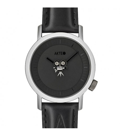 Montre Akteo Cinéma étoile 42, Noir-Acier inox, bracelet cuir noir