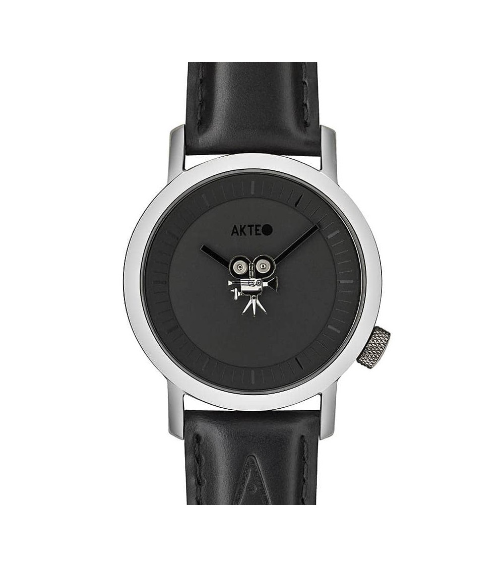 Montre Akteo Cinéma étoile 42, Noir-Acier inox, bracelet cuir noir
