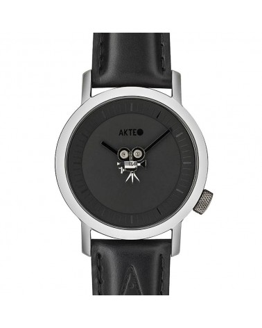Montre Akteo Cinéma étoile 42, Noir-Acier inox, bracelet cuir noir