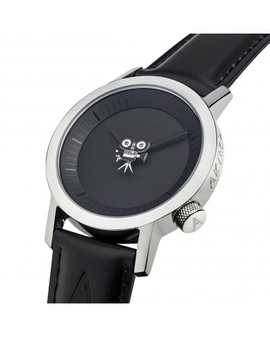 Montre Akteo Cinéma étoile 42, Noir-Acier inox, bracelet cuir noir