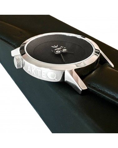 Montre Akteo Cinéma étoile 42, Noir-Acier inox, bracelet cuir noir