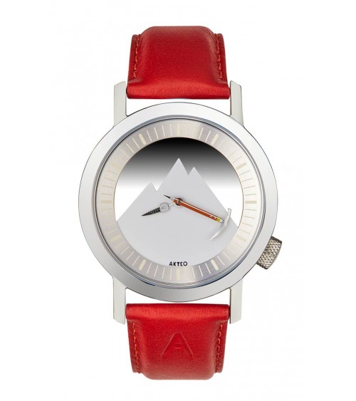 Montre Akteo Alpinisme 42, Acier brossé-Acier inox, bracelet cuir rouge