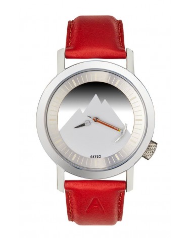 Montre Akteo Alpinisme 42, Acier brossé-Acier inox, bracelet cuir rouge