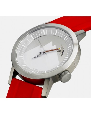 Montre Akteo Alpinisme 42, Acier brossé-Acier inox, bracelet cuir rouge