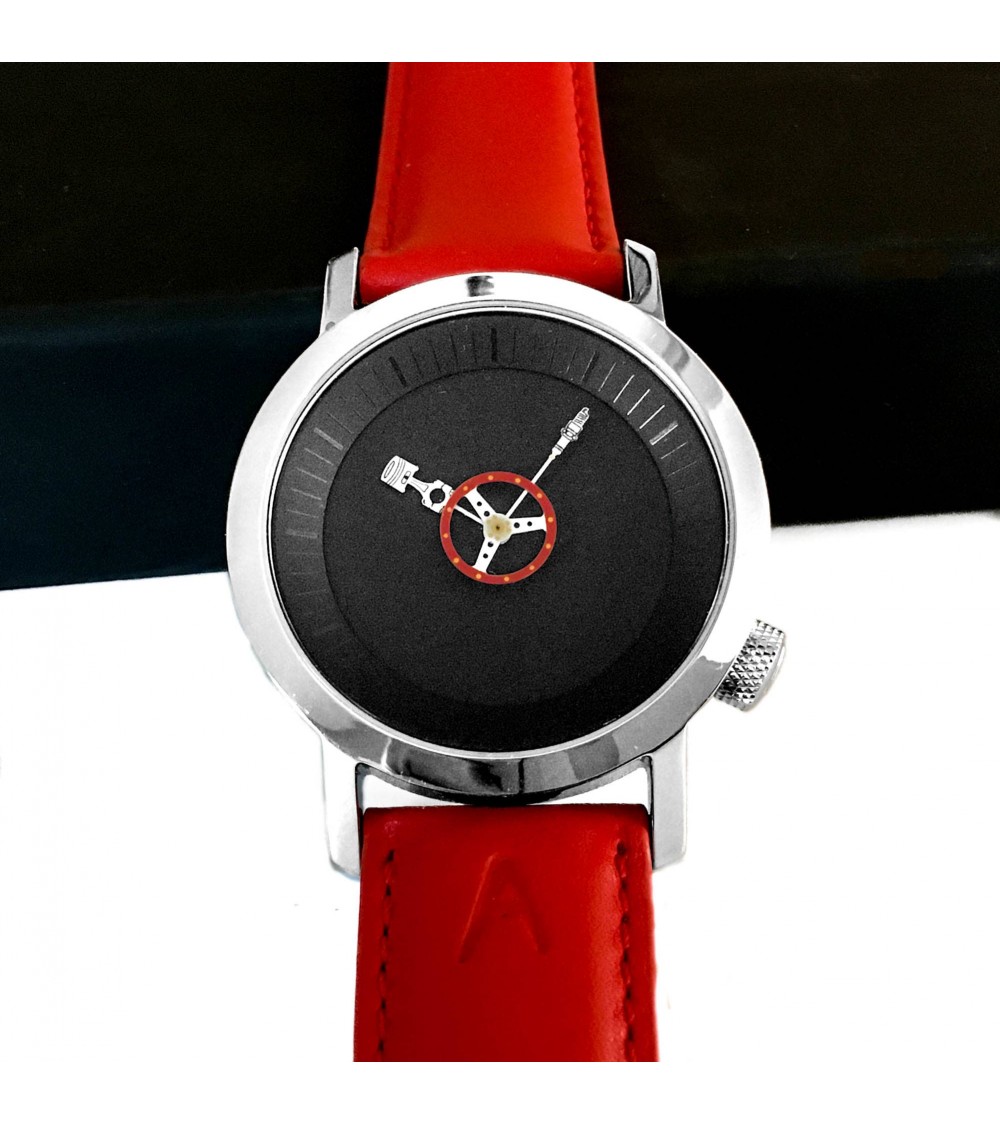 Montre Akteo Automobile 42, Noir-Acier inox, bracelet cuir rouge