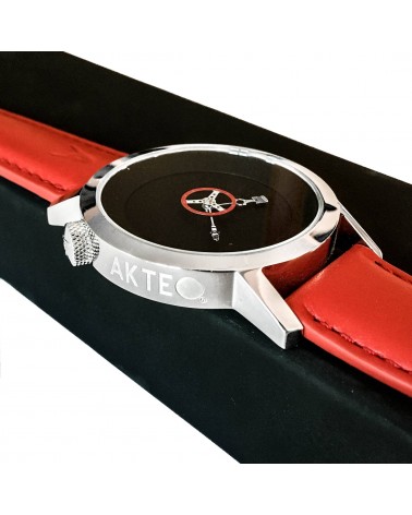 Montre Akteo Automobile 42, Noir-Acier inox, bracelet cuir rouge
