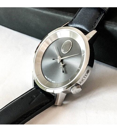 Montre Akteo Escrime 38, Acier brossé-Acier inox, bracelet cuir bleu-noir